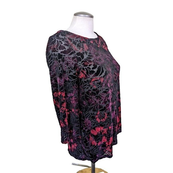 Roz Ali Velvet Burnout Top Size M Womens Semi Sheer Silky Mesh Dark Red Black - Picture 3 of 8
